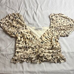 Urban Outfitters Cream Leopard-Print Puff Sleeve Crop Top